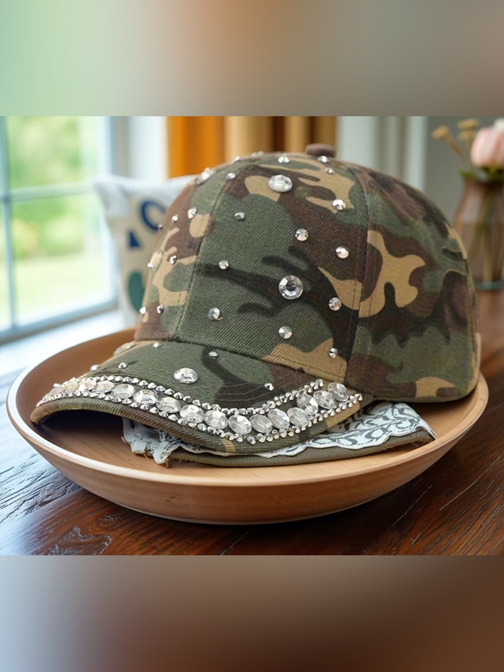 Embellished Camo Rhinestone Baseball Cap - Green